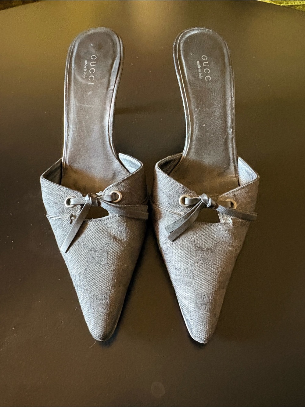 Gucci Black Monogram Pointed Toe Slip-On Mules - Picture 2 of 4